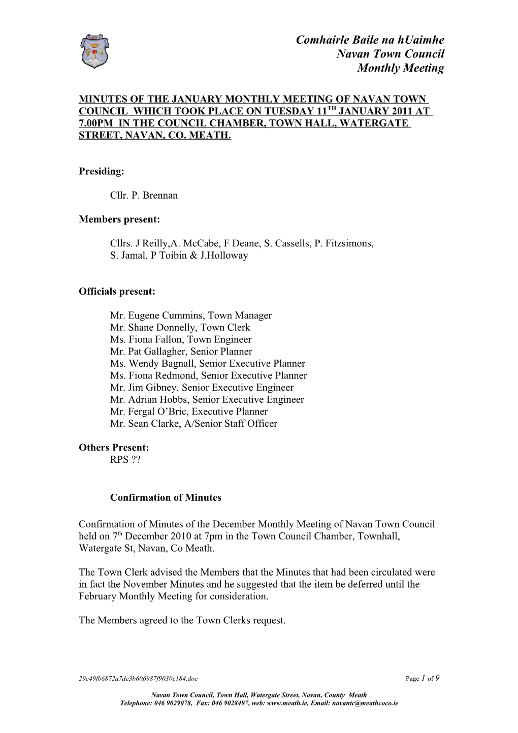 Minutes of the November Monthly Meeting of Navan Town Council Which Took Place on Tuesday