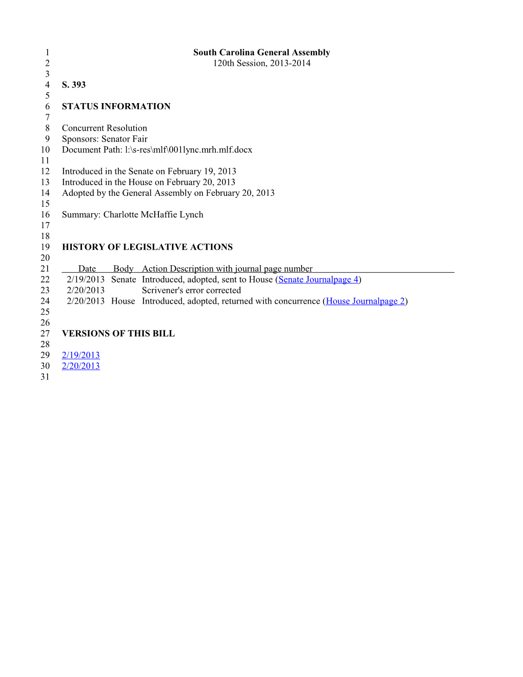 2013-2014 Bill 393: Charlotte Mchaffie Lynch - South Carolina Legislature Online