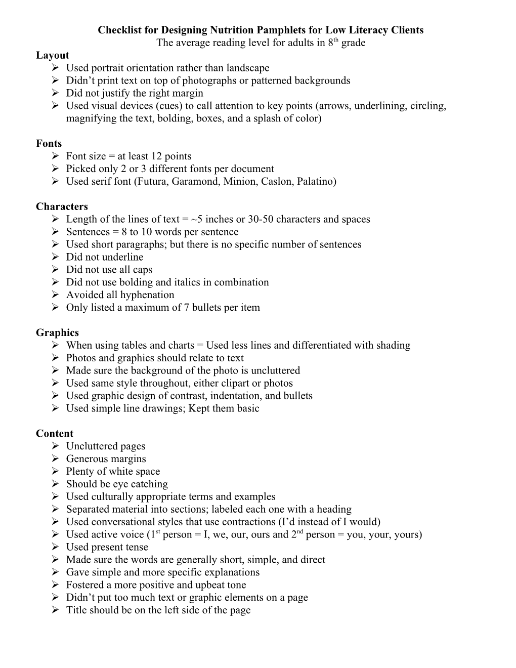 Checklist for Designing Nutrition Pamphlets for Low Literacy Clients