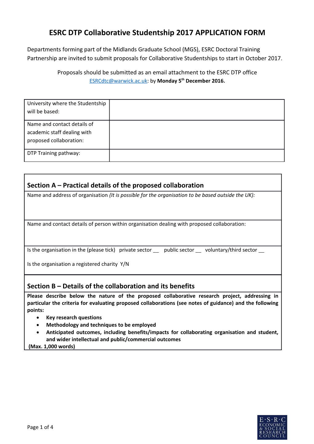 ESRC DTP Collaborative Studentship 2017APPLICATION FORM