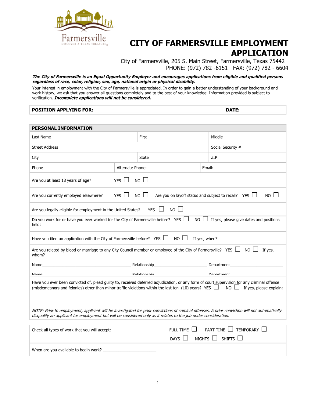 City of Farmersville Employment APPLICATION