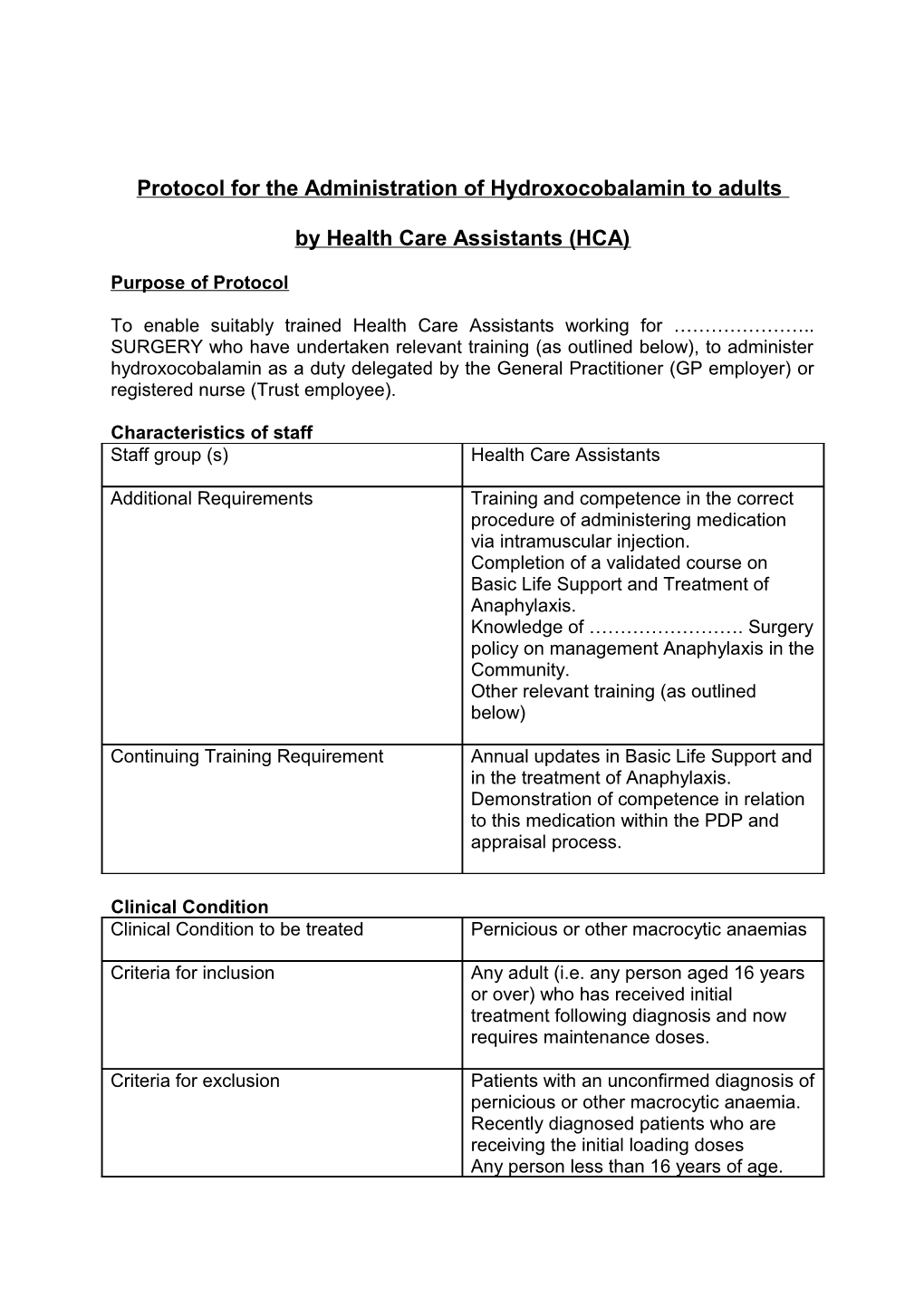 Protocol for the Administration of Hydroxocobalamin to Adults