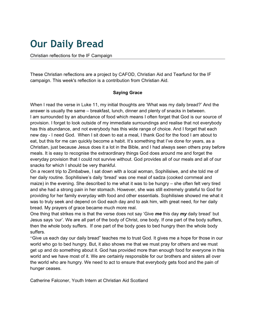 Our Daily Bread Draft Template for Reflection