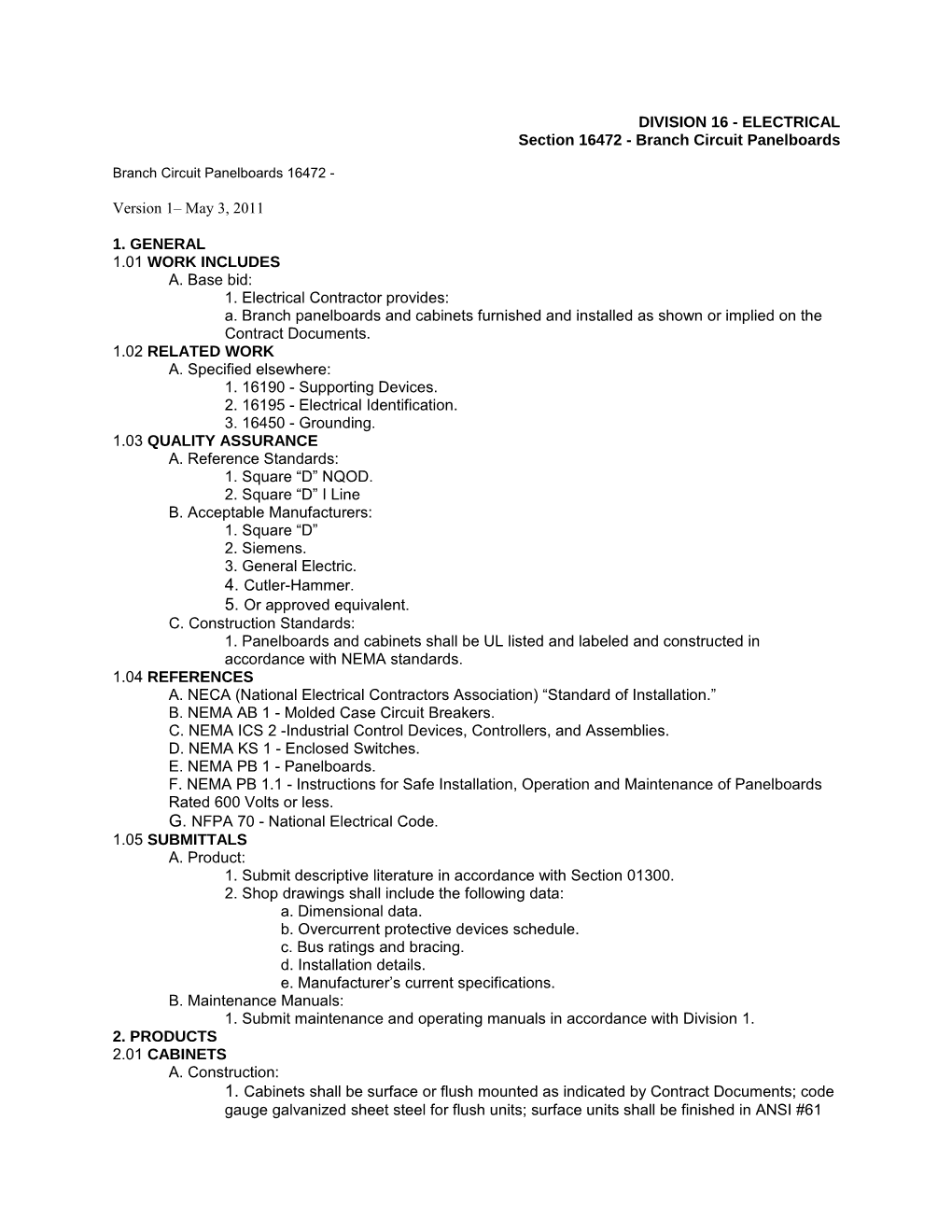 Section 16472 - Branch Circuit Panelboards