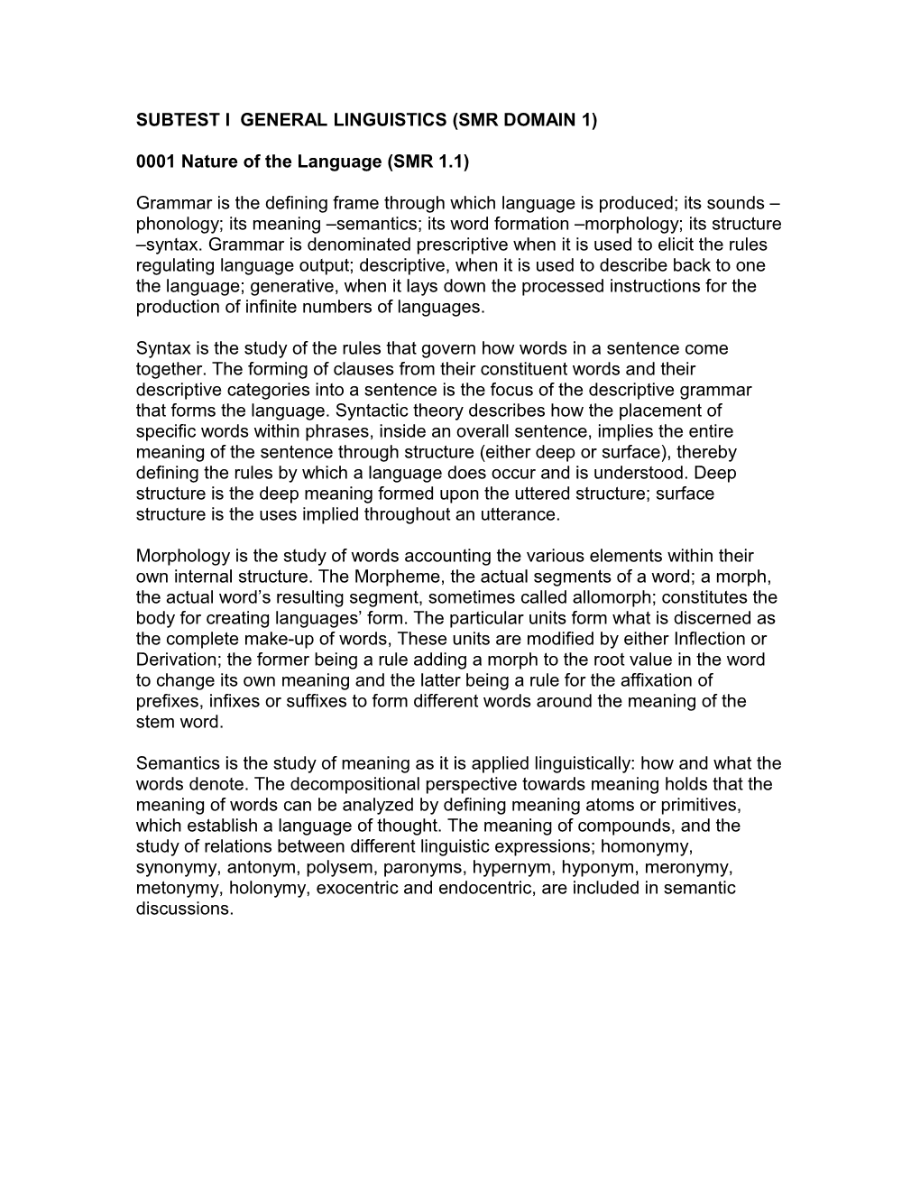 Subtest I General Linguistics (Smr Domain 1)