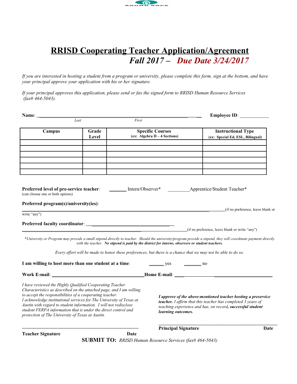 RRISD Cooperating Teacher Application/Agreement
