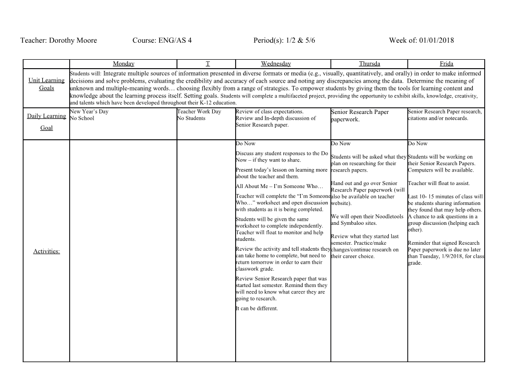 WEEKLY Lesson Plans