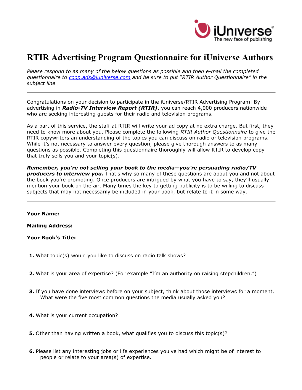 RTIR Advertising Program Questionnaire for Iuniverse Authors