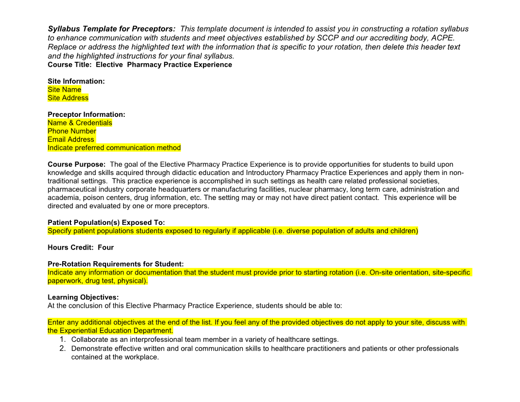 Course Title: Elective Pharmacy Practice Experience