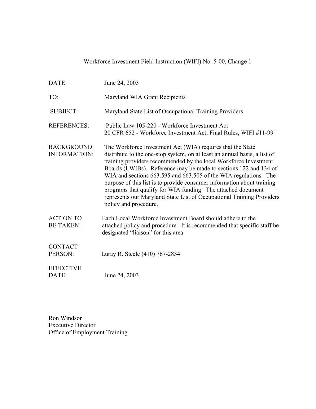 MARYLAND STATE LIST of OCCUPATIONAL TRAINING PROVIDERS PROCEDURE