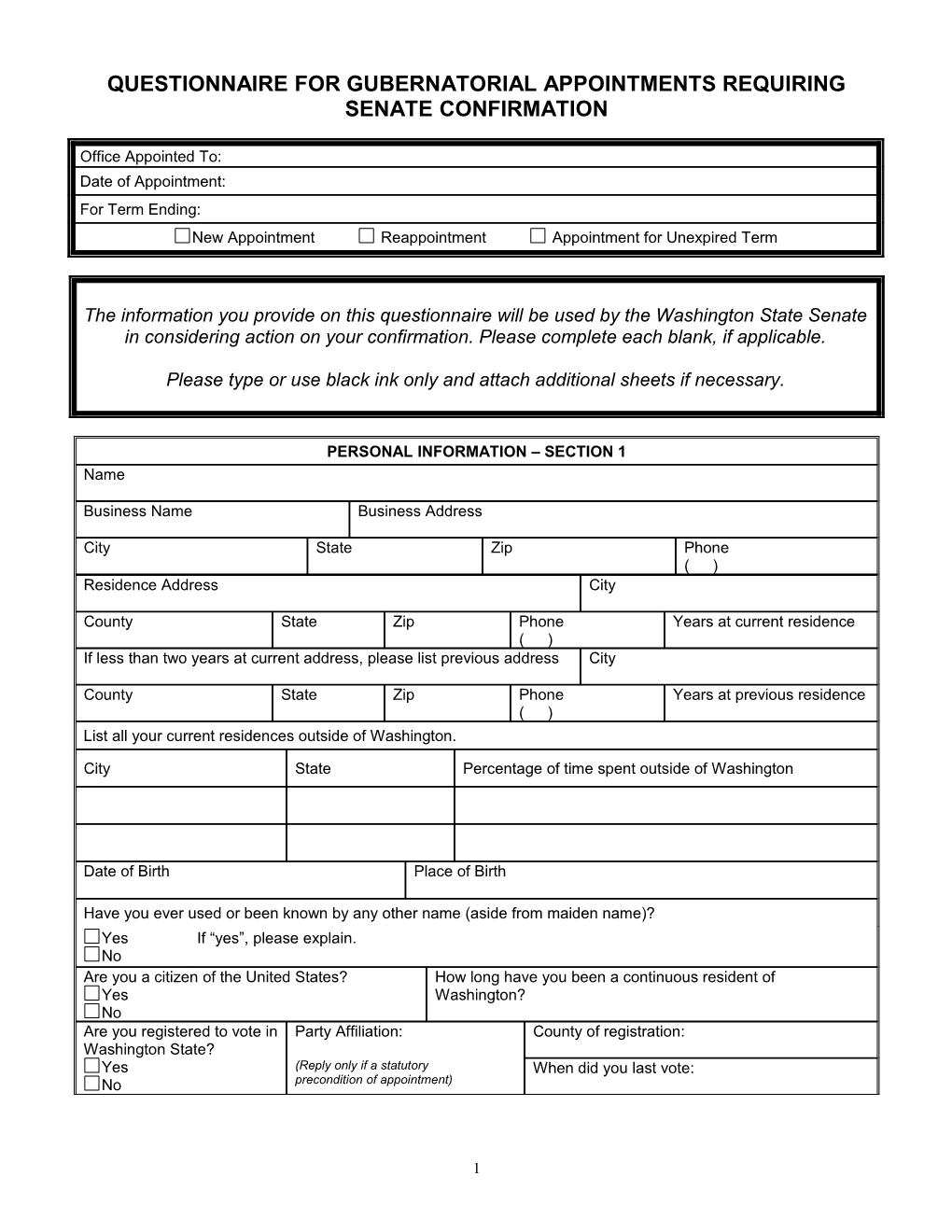 Questionnaire for Gubernatorial Appointments Requiring Senate Confirmation