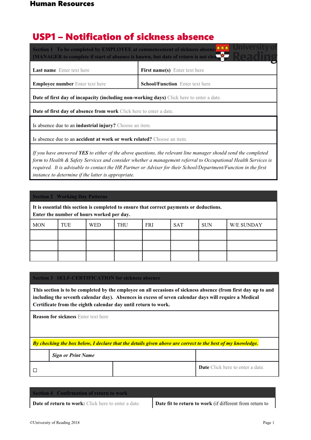 Section 1 to Be Completed by EMPLOYEE at Commencement of Sickness Absence