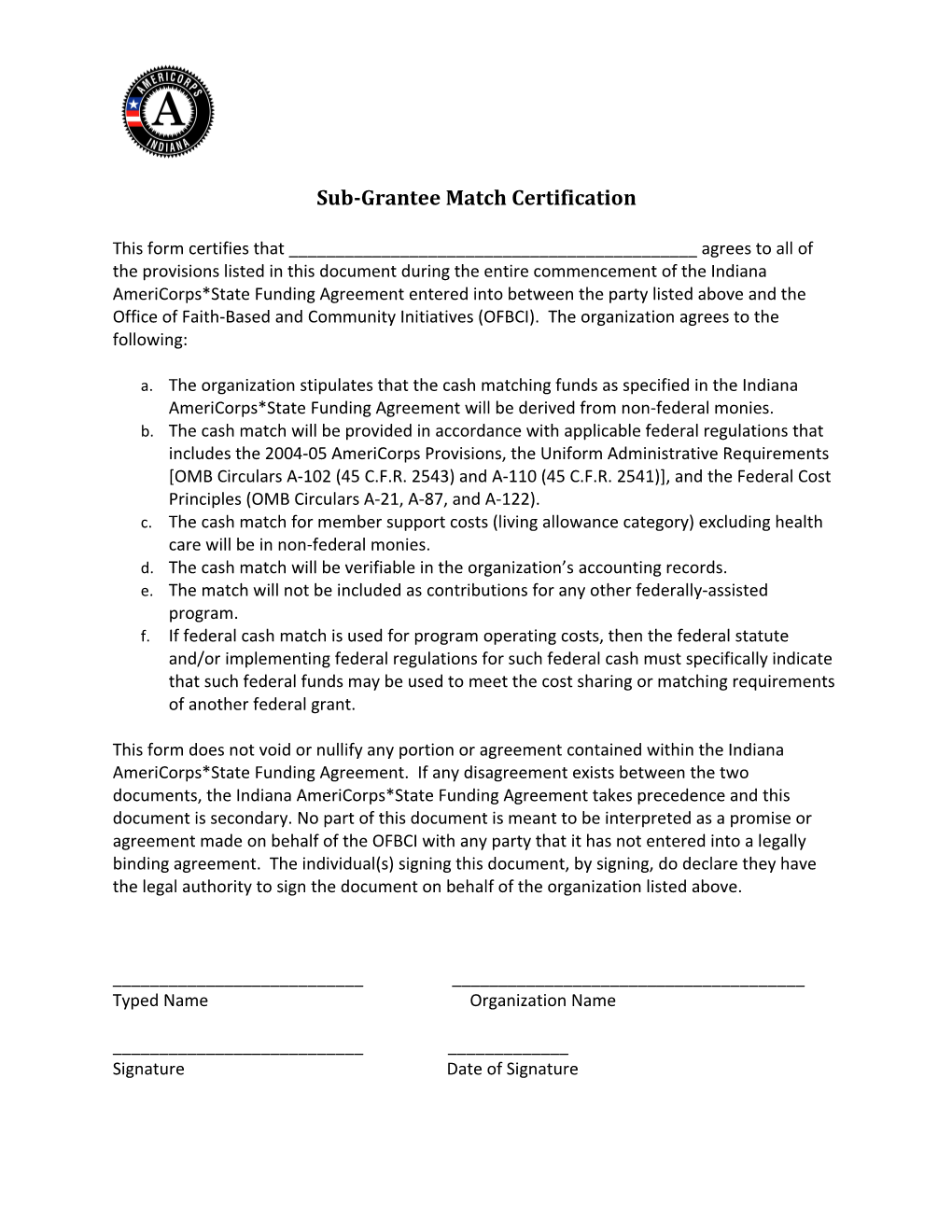 Sub-Grantee Match Certification