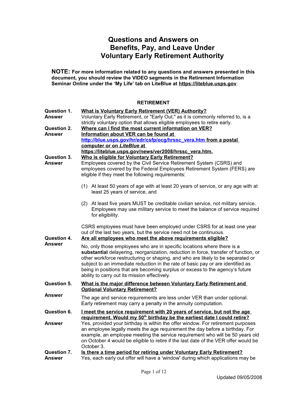 MEMO: Information Package Voluntary Early Retirement Authority