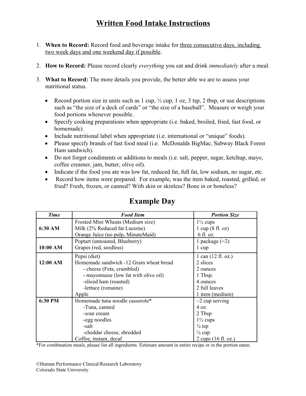 Written Food Intake Instructions