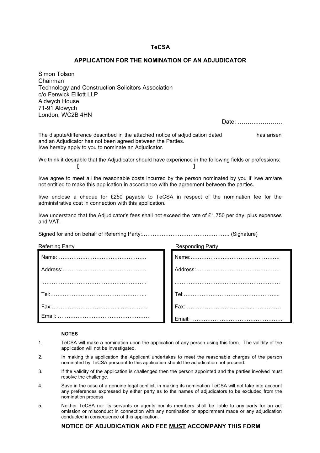 Application for the Nomination of an Adjudicator