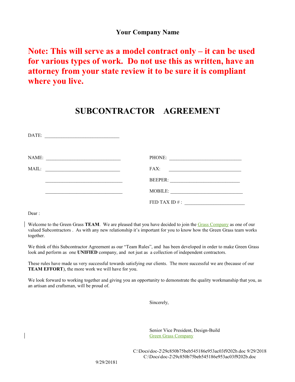 Subcontractor Contract Agreement