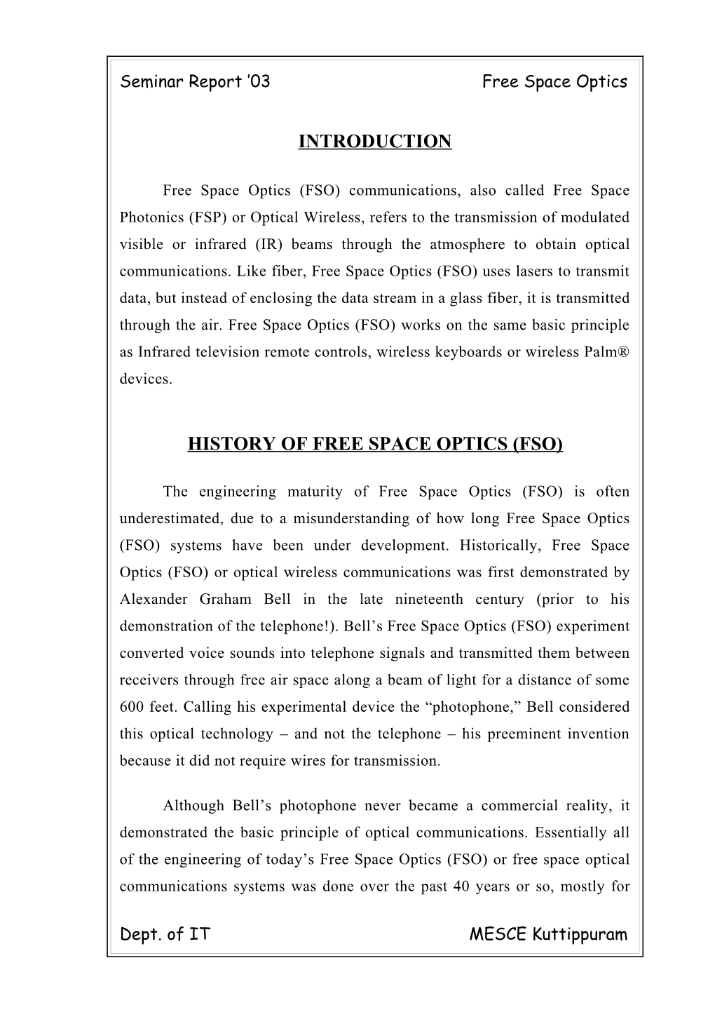 Free Space Optics (Fso): an Introduction