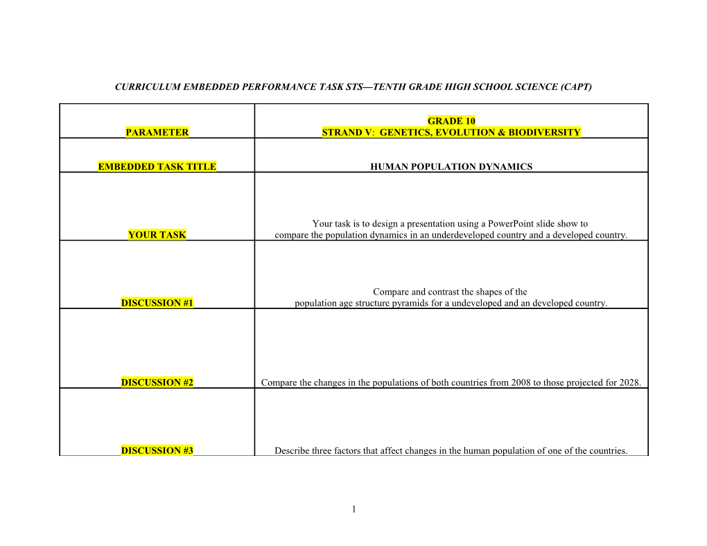 Curriculum Embedded Performance Task Matrix Ninth Grade High School Science (Capt)