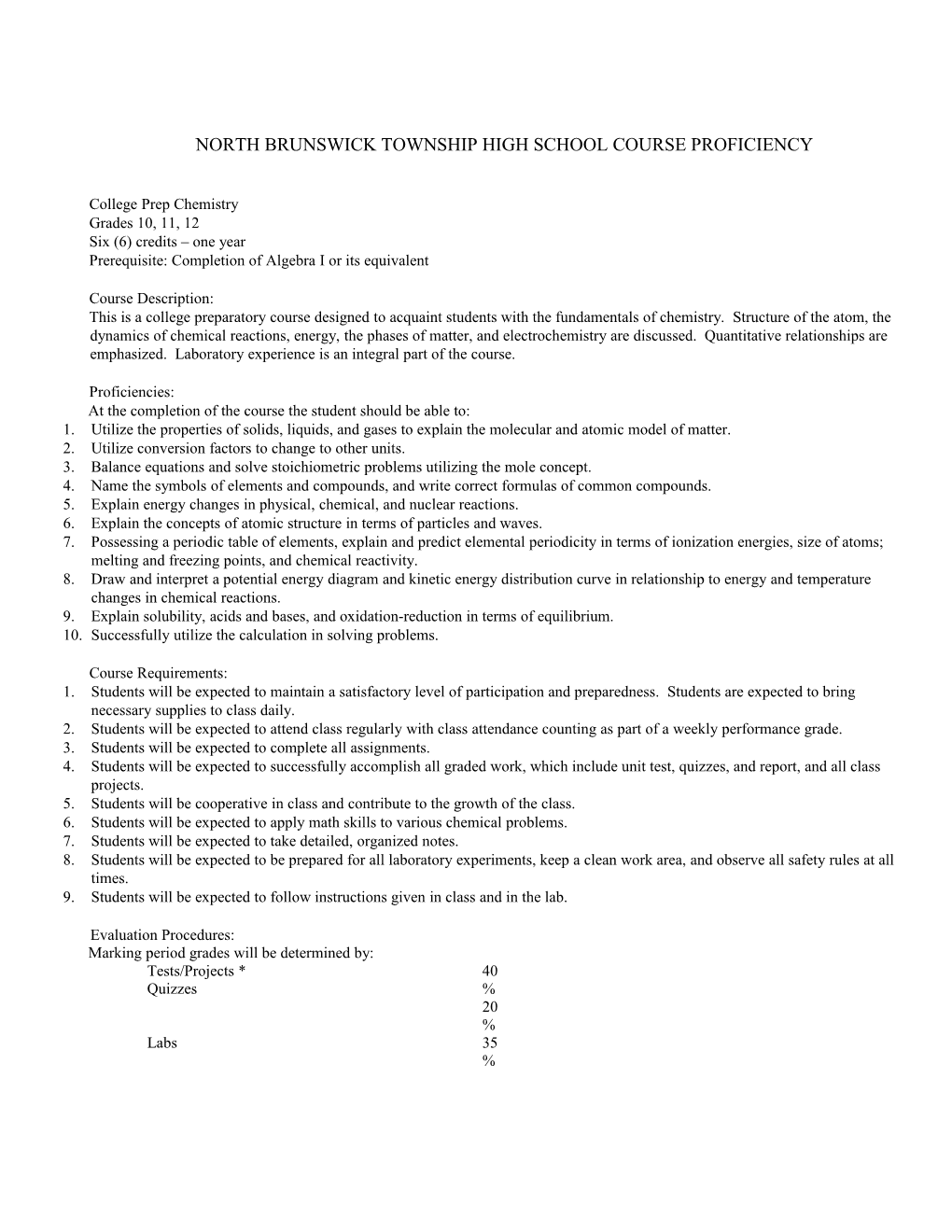 North Brunswick Township High School Course Proficiency