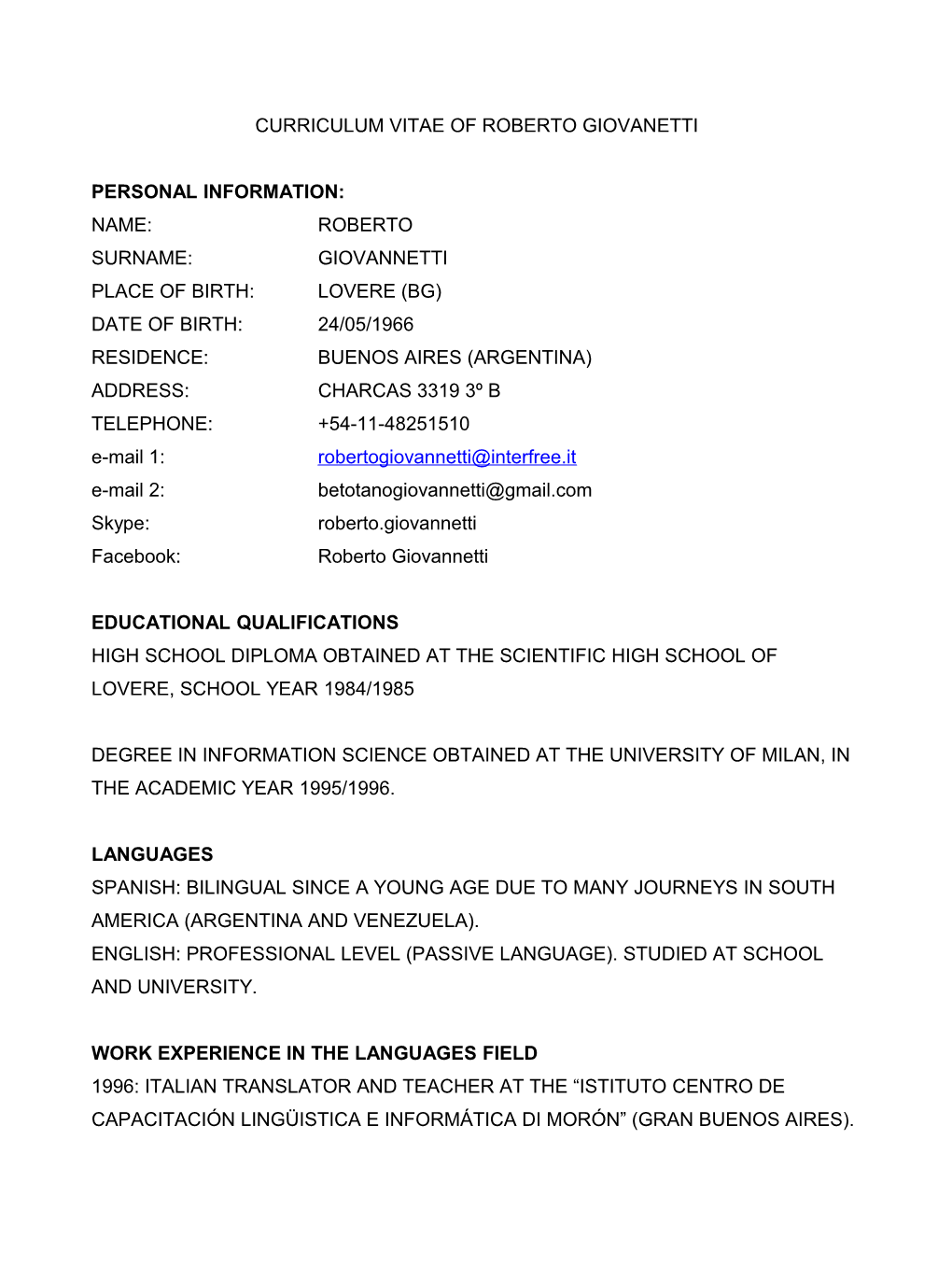 Curriculum Vitae Di Roberto Giovanetti