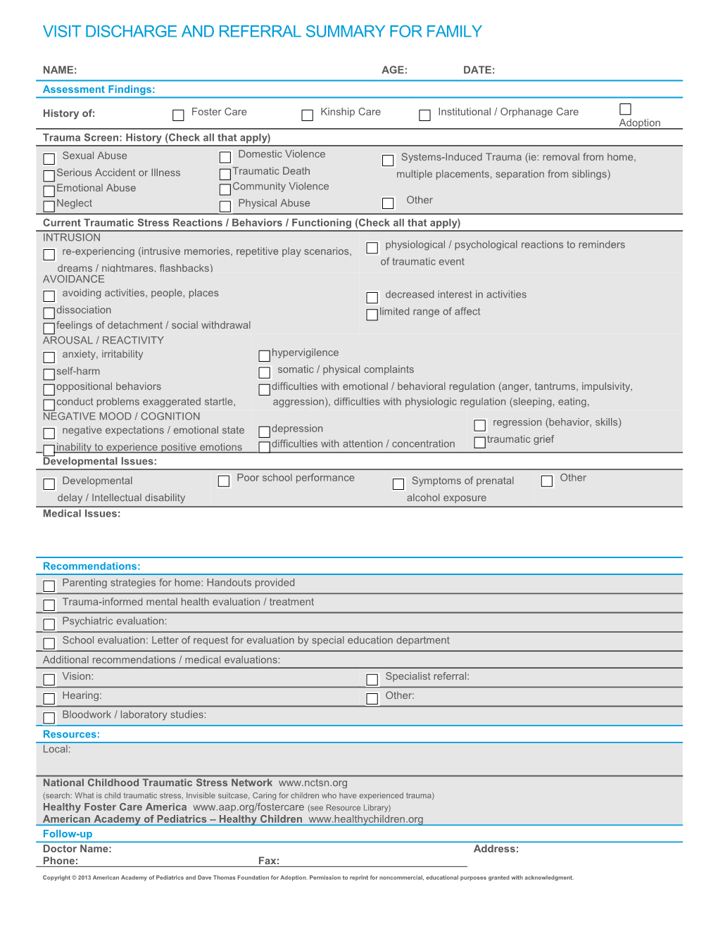 Visit Discharge and Referral Summary for Family