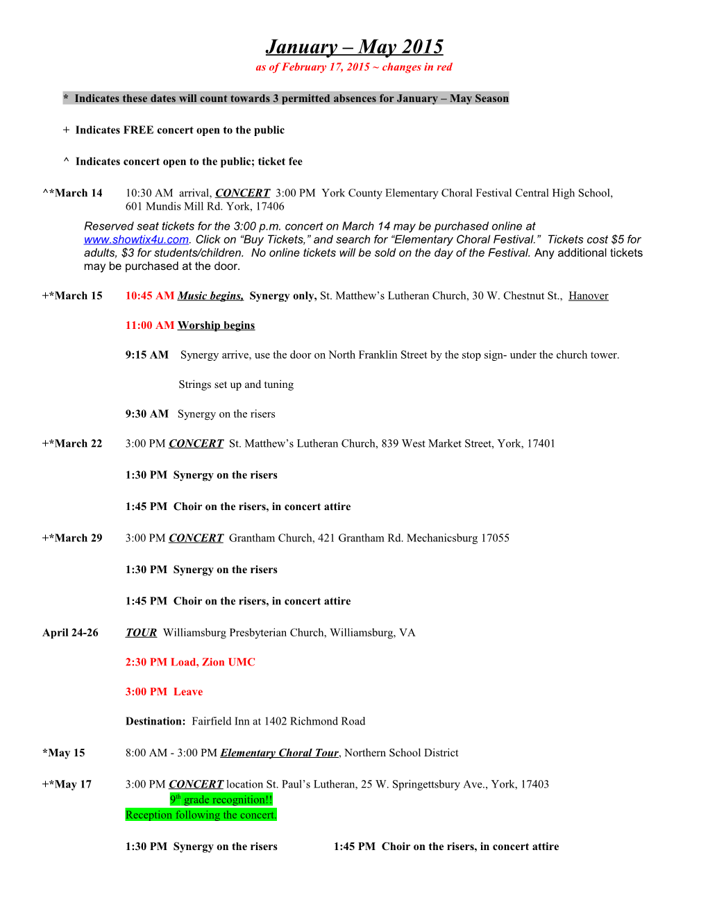 January May 2015 As of February 17, 2015 Changes in Red