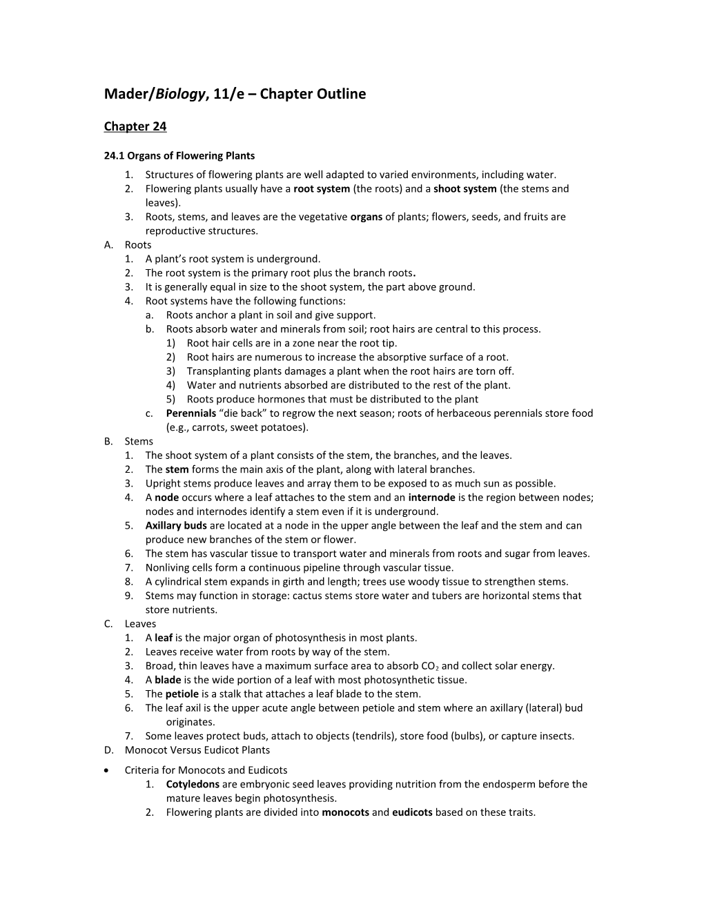 Mader/Biology, 11/E Chapter Outline