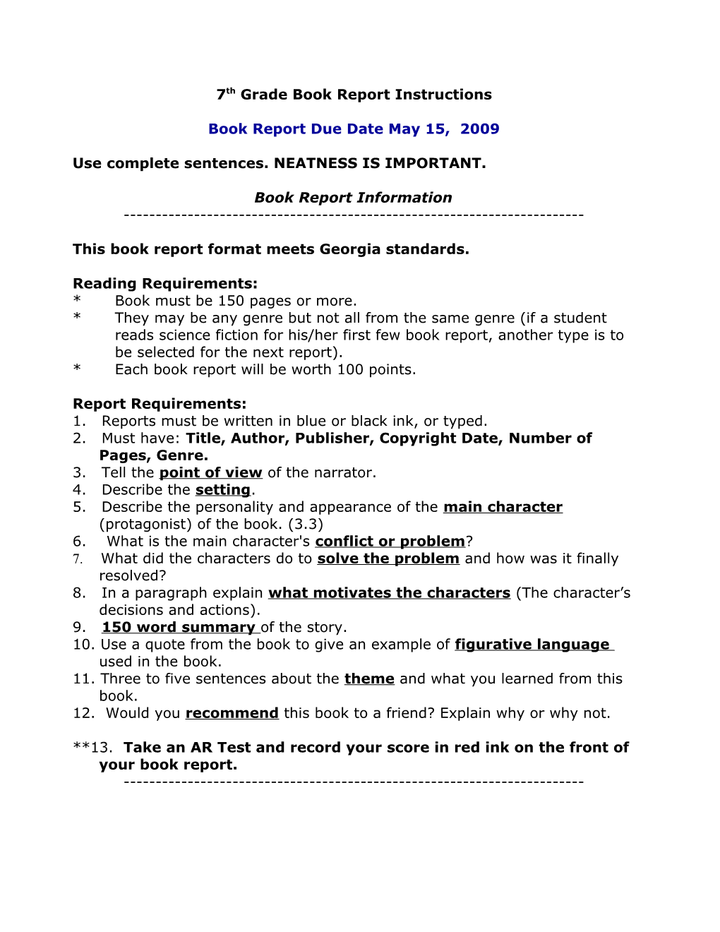7Th Grade Book Report Instructions