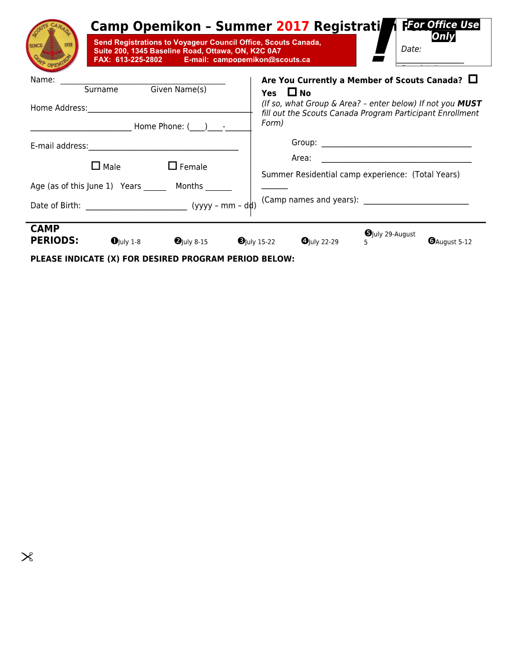 Camp Opemikon 2010 Registration Form