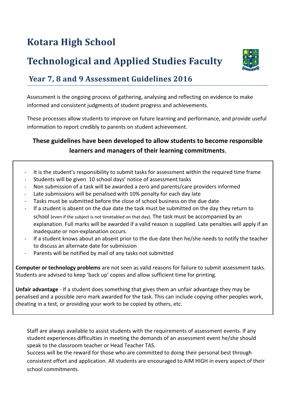 Year 7, 8 and 9 Assessment Guidelines 2016