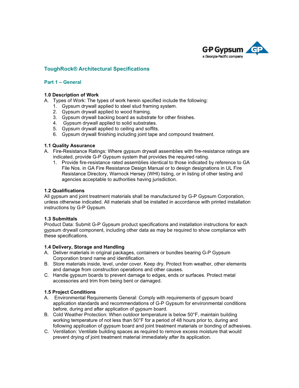 Toughrock Architectural Specifications