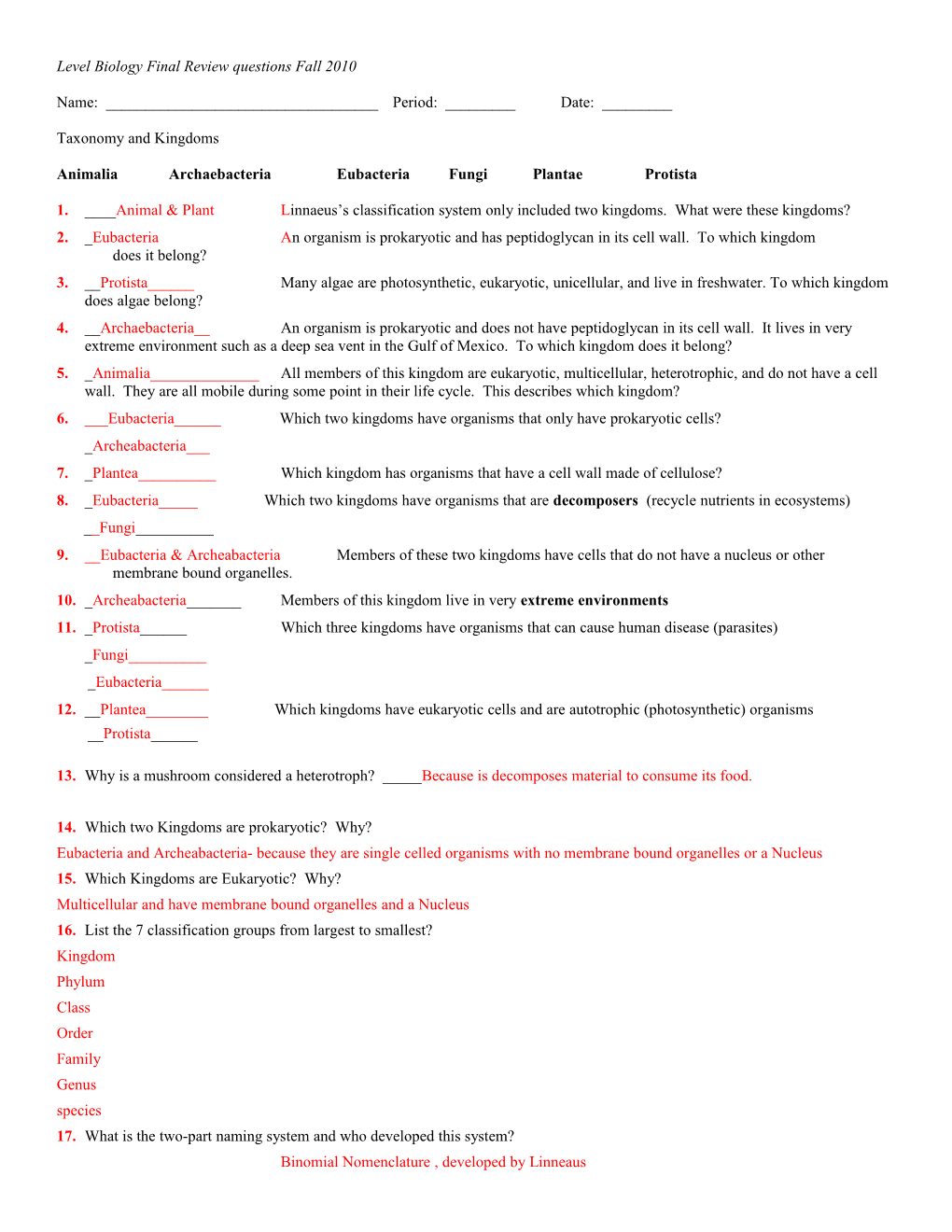 Level Biology Final Review Questions Fall 2010