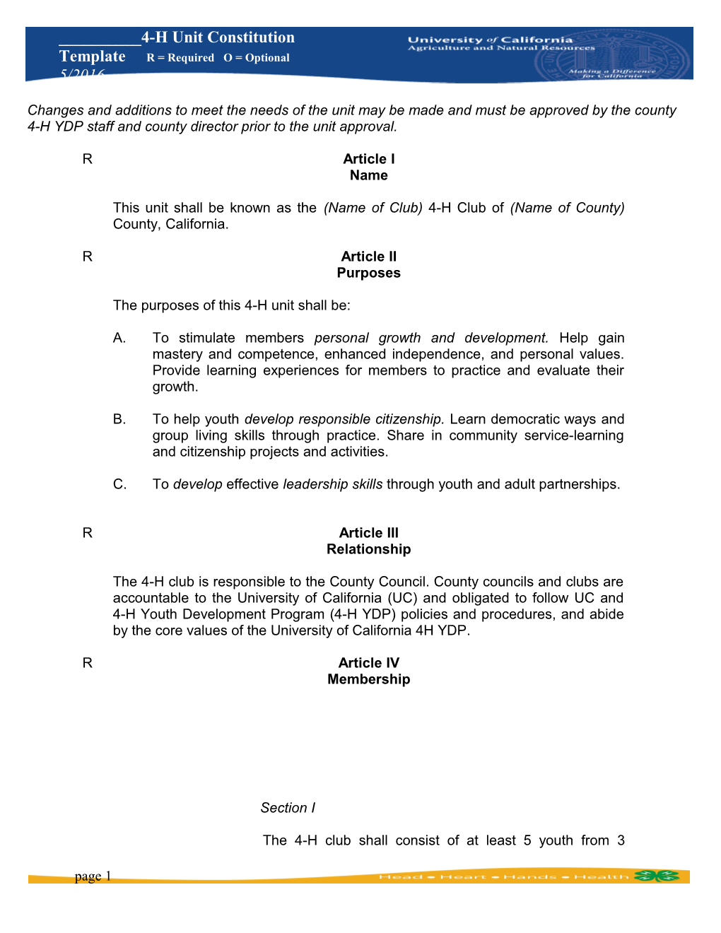 ______4-H Unit Constitution Template R = Required O = Optional