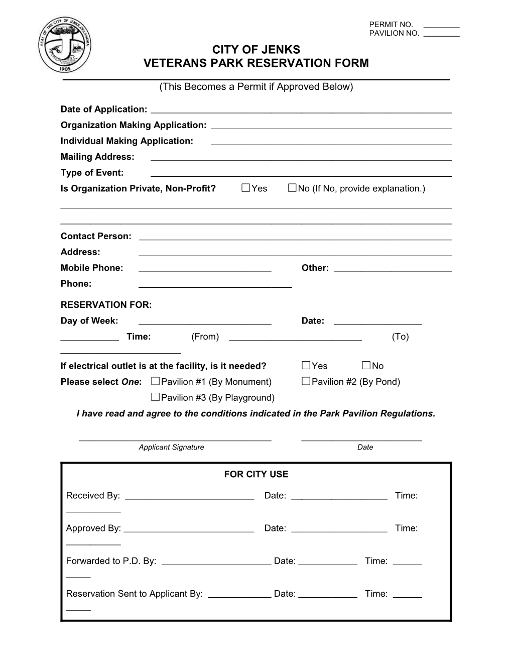 Veterans Park Reservation Form