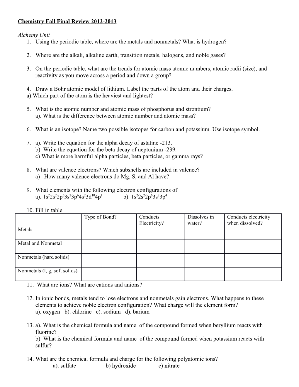 Chemistry Fall Final Study Guide Concepts