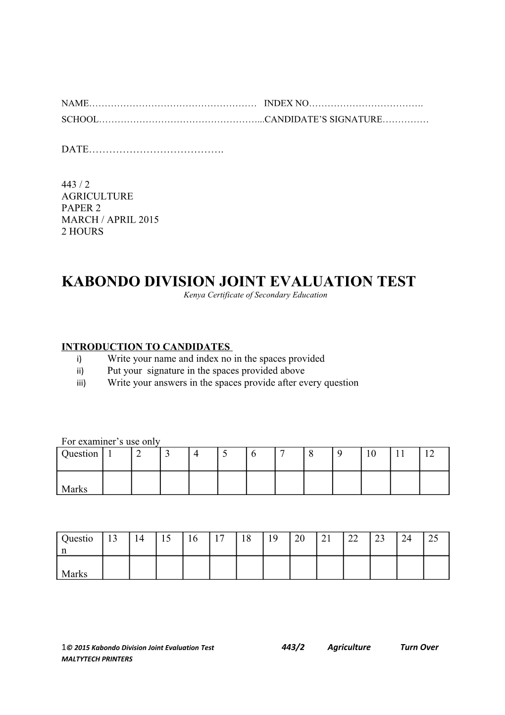 Kabondo Division Joint Evaluation Test