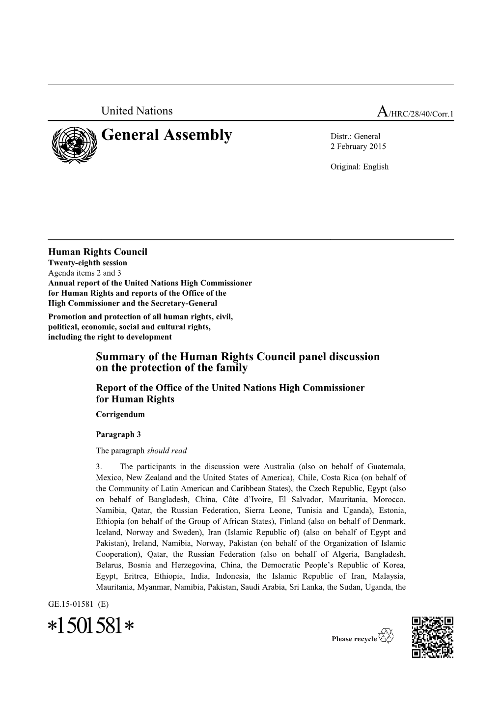 Corrigendum of the Summary of the Human Rights Council Panel Discussion on the Protection