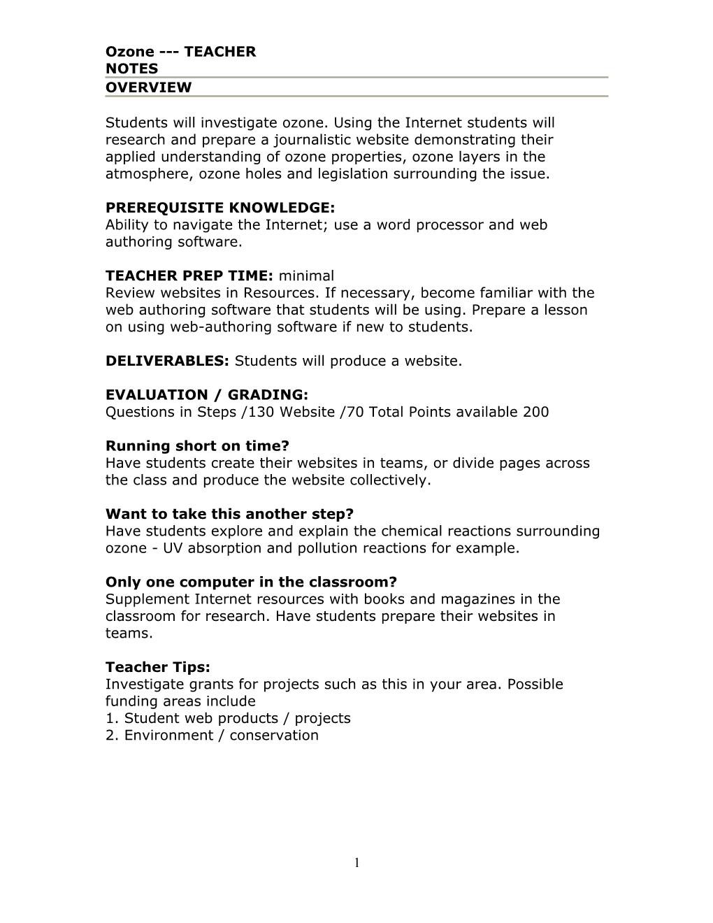 Ozone TEACHER NOTES OVERVIEW