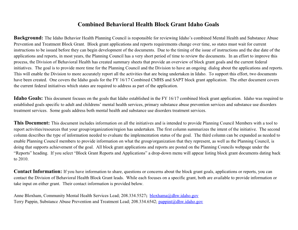 Combined Behavioral Health Block Grant Idaho Goals