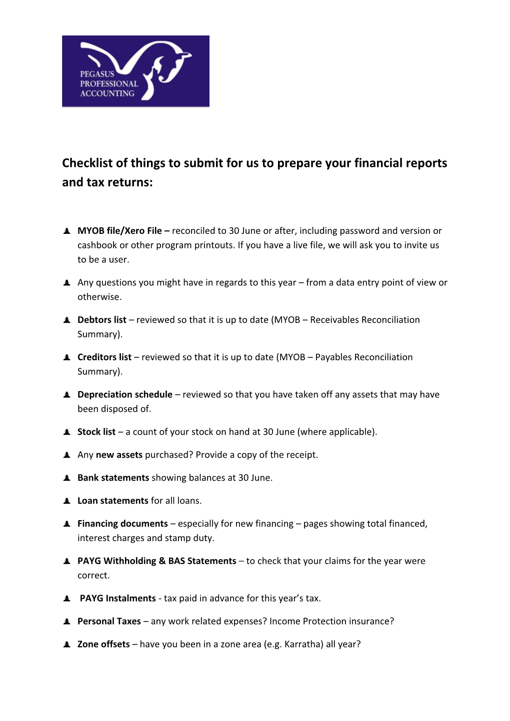 Checklist of Things to Submit for Us to Prepare Your Financial Reports and Tax Returns