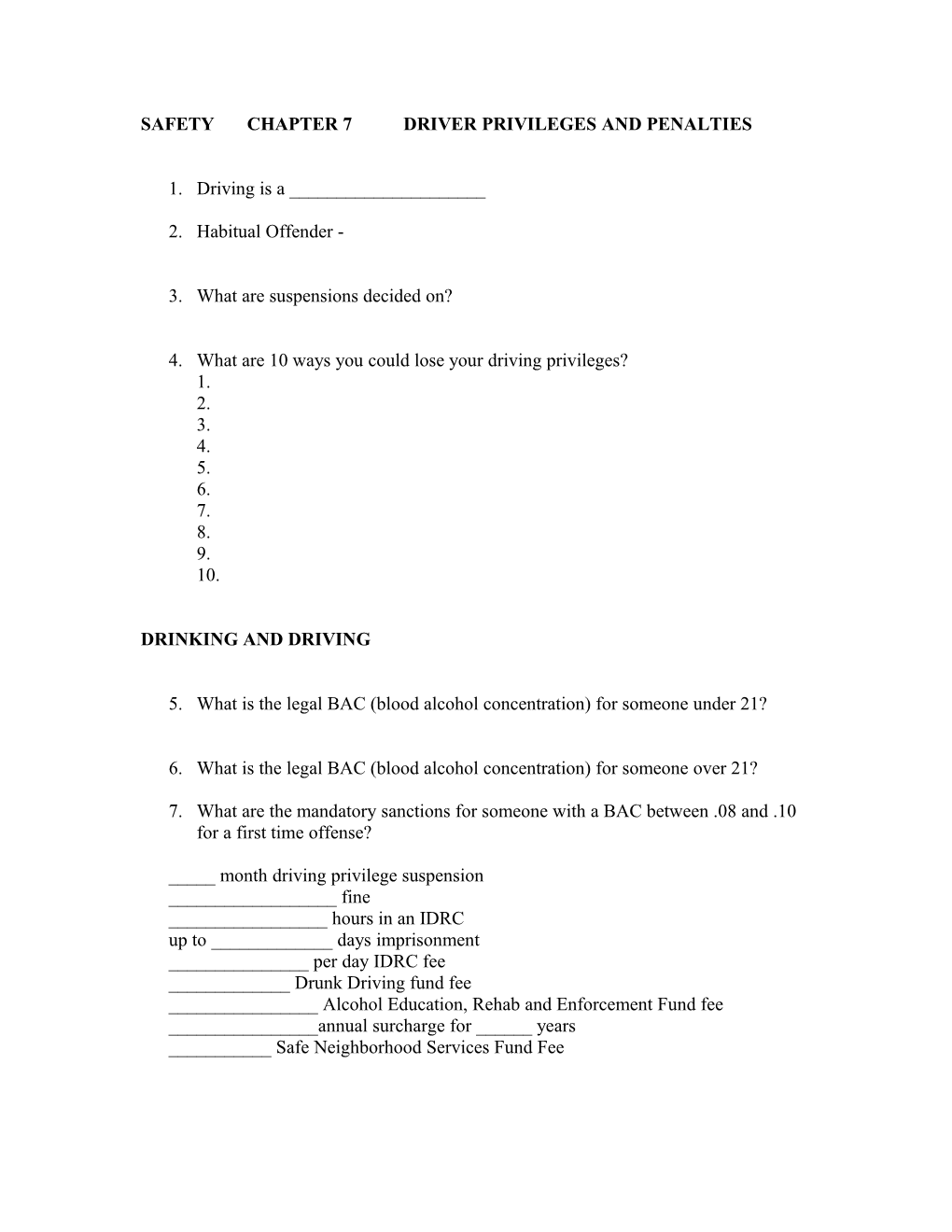 Safety Chapter 6 Driver Privileges and Penalties