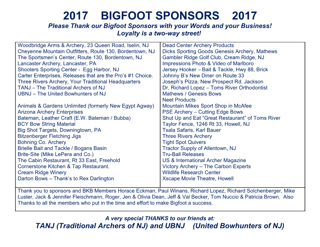 Please Thank Our Bigfoot Sponsors with Your Words and Your Business!