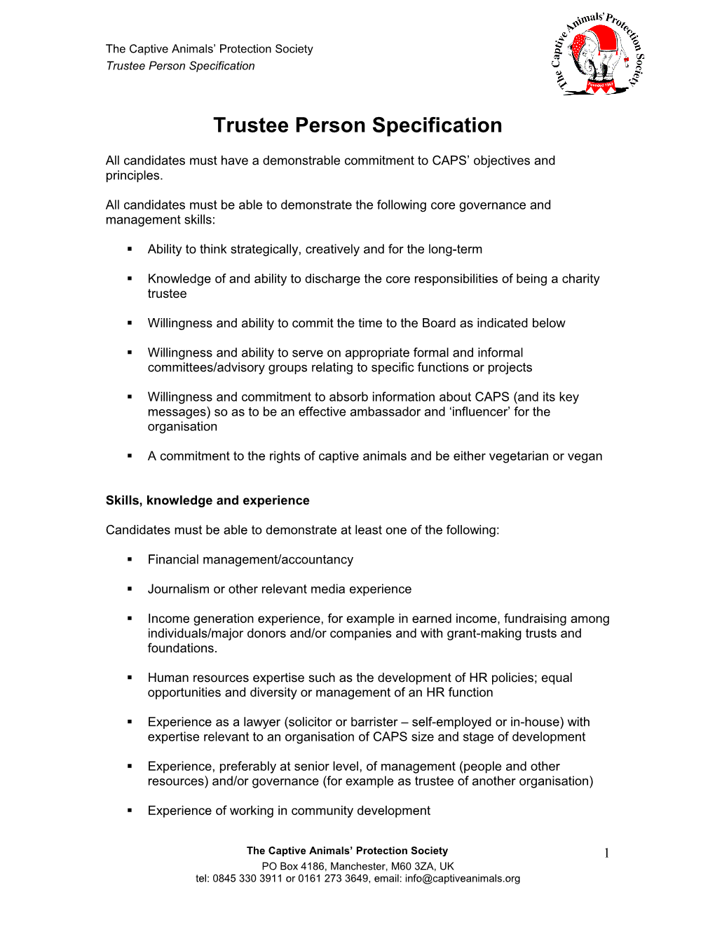 Trustee Person Specification