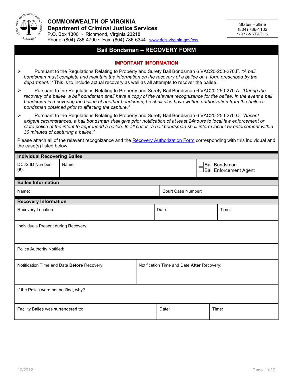 Bail Bondsman RECOVERY FORM