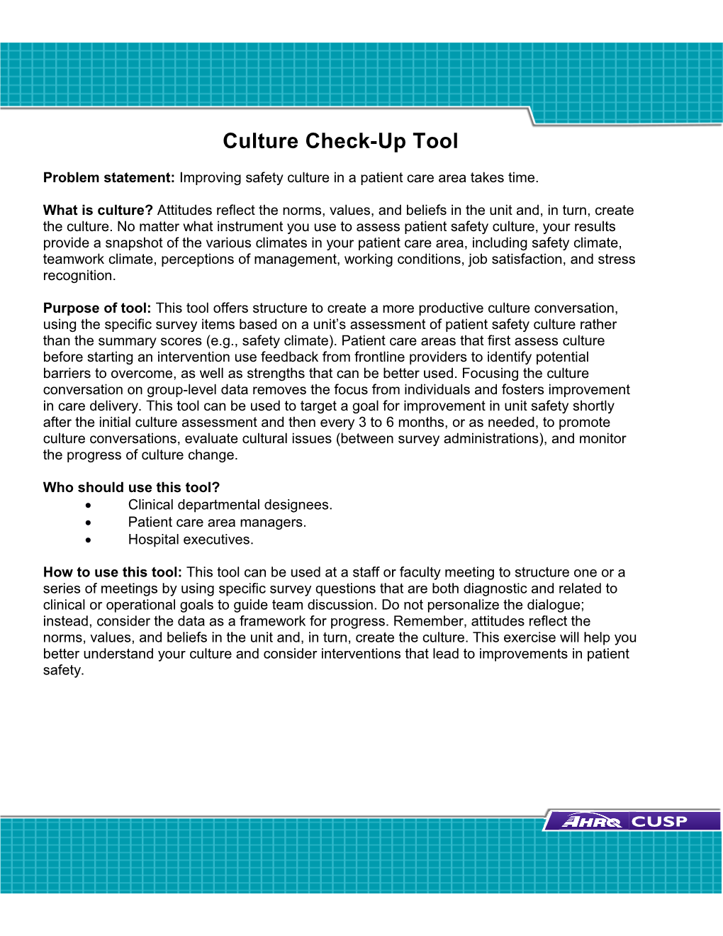 Culture Check-Up Tool