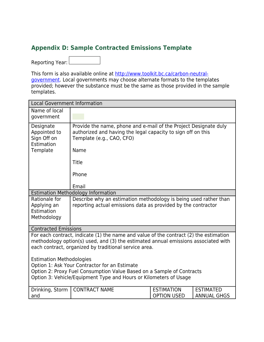 Appendix D: Sample Contracted Emissions Template