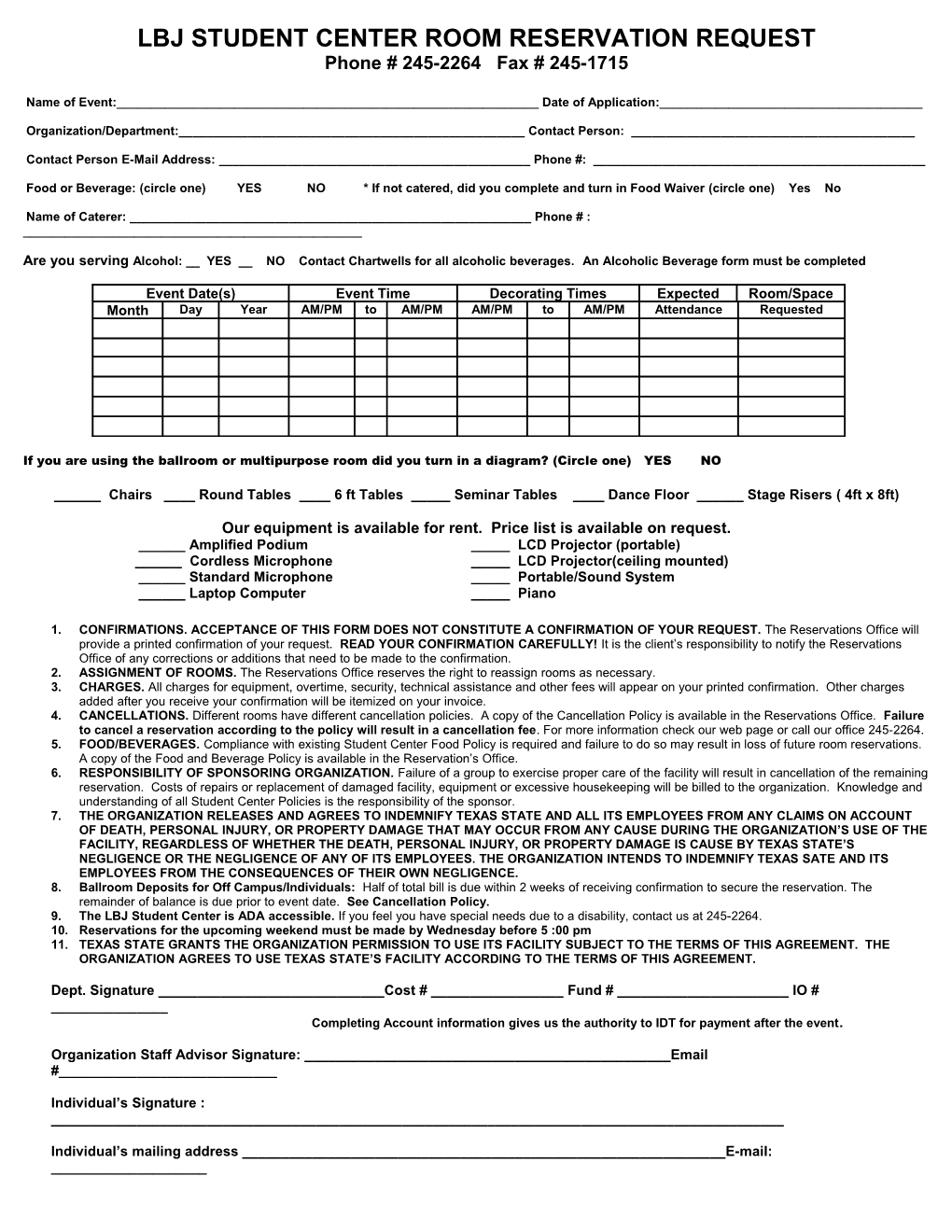 Lbj Student Center Room Reservation Request