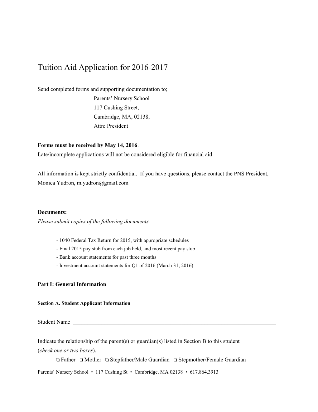 Tuition Aid Application for 2016-2017