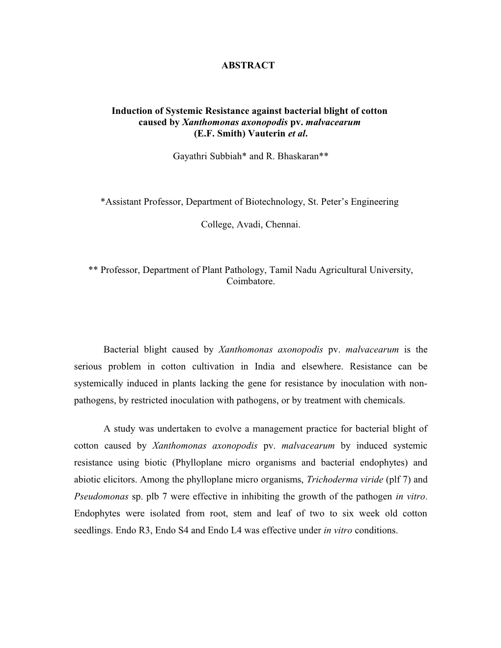 Induction of Systemic Resistance Against Bacterial Blight of Cotton Caused by Xanthomonas